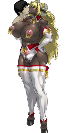 5_fingers anthro big_breasts black_hair blonde_hair blush breasts brown_body brown_fur clitoris duo female fingers front_view fur genitals hair horn huge_breasts human_on_anthro hyper hyper_breasts interspecies kemono kissing long_hair male muscular muscular_female nipples simple_background standing vulva white_background baneroku baphomet_(deity) bovid caprine caprine_demon deity demon domestic_sheep goat_demon human mammal sheep 2015 hi_res