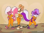 barefoot blonde_hair clothing eyes_closed feet female fur gloves group hair handwear inmates_clothing orange_jumpsuit pink_body pink_fur prison prison_suit prison_uniform prisoner purple_body purple_fur smile tapping_foot white_clothing white_gloves white_handwear dodgyrom looney_tunes tiny_toon_adventures warner_brothers bimbette fifi_la_fume lola_bunny lagomorph leporid mammal mephitid rabbit skunk 2018