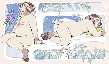 anthro belly butt cloven_hooves duo eggplant_emoji facial_piercing fur heart_symbol hooves horn lying male male_anthro moobs nipples nose_piercing nose_ring nude nude_anthro nude_male on_front overweight overweight_anthro overweight_male piercing ring_piercing shaking_butt sitting sparkles tail tan_body tan_fur white_body white_fur conditional_dnp daikor tomas_(daikor) bovid bovine caprine cattle mammal sheep 2026 hi_res