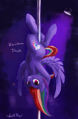 abstract_background cutie_mark dancing eyelashes feathered_wings feathers female feral hair hands_above_head hooves looking_at_viewer multicolored_hair navel nude pole pole_dancing rainbow_hair smile solo spotlight text upside_down wings 1deathpony1 friendship_is_magic hasbro my_little_pony mythology rainbow_dash_(mlp) equid equine mammal mythological_creature mythological_equine pegasus 2016 absurd_res hi_res
