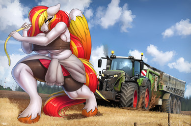 anthro big_breasts bottomwear breasts clothing crop_top female field macro shirt shorts solo topwear tractor vehicle wings lightly-san hasbro my_little_pony mythology equid equine mammal mythological_creature mythological_equine pegasus 2026 hi_res