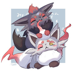 ambiguous_gender black_body black_fur blush blush_lines duo eyes_closed feral fur grey_body grey_fur hair_bite one_eye_closed paws simple_background star star_symbol tail text white_body white_fur yellow_eyes ochabashirq nintendo pokemon canid canine generation_5_pokemon generation_8_pokemon hisuian_form hisuian_zorua mammal pokemon_(species) regional_form_(pokemon) zorua 1:1 2025 hi_res japanese_text signature