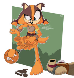 5_toes anthro barefoot blue_eyes clothed clothing dirty dirty_feet extreme_size_difference feet female foot_fetish footprint footwear humanoid_feet micro orange_body plantigrade shoes shoes_removed size_difference soles text toes burtreex sega sonic_boom sonic_the_hedgehog_(series) sticks_the_jungle_badger badger mammal mustelid musteline absurd_res hi_res