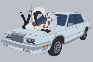 1980s_theme anthro bikini car classic_car clothing feet female fur grey_background grey_body grey_fur looking_at_viewer lying on_front pose red_bikini red_clothing red_swimwear simple_background smile solo swimwear two-piece_swimsuit vehicle vintage_car kaaz_ck chrysler chrysler_new_yorker hellaverse helluva_boss stellantis_n.v. loona_(helluva_boss) hi_res pinup