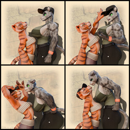angry anthro big_breasts black_border border breasts clothed clothing confusion duo female female/female french_kissing green_eyes hat headgear headwear humor kissing plot_twist shadow shirt smug tank_top topwear touching_breasts unexpected wall_(structure) yellow_eyes mess_maker sladdoska_(modeler) valorlynz_(modeler) dreamworks kung_fu_panda the_bad_guys kitty_kat_(the_bad_guys) master_tigress felid feline felis mammal pantherine snow_leopard tiger 1:1 3d_(artwork) comic digital_media_(artwork) hi_res