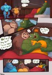 abs anthro ape barazoku bed belly big_muscles big_pecs brown_body comic crocodile crocodilian crown crown_only dialogue donkey_kong_(character) donkey_kong_(series) duo english_text furniture gorilla green_body group haplorhine headgear hi_res humor king_k._rool klump kremling krusha male male/male mammal manly musclegut muscular muscular_anthro muscular_male nintendo overweight overweight_anthro overweight_male pecs primate reptile scalie text uniparasite