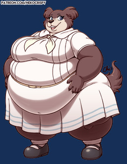 anthro belly big_belly big_breasts blue_eyes breasts clothing female huge_belly huge_breasts obese obese_female overweight overweight_female school_uniform smile solo tail text thick_thighs uniform wide_hips nekocrispy beastars juno_(beastars) canid canine canis mammal wolf alpha_channel url
