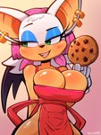 anthro apron apron_only blush breasts cleavage clothed clothing cookie cosplay crossover_cosplay ear_piercing ear_ring eyeshadow female food fur gloves handwear makeup narrowed_eyes open_mouth open_smile piercing ring_piercing simple_background smile solo tan_body tan_skin white_body white_fur wings crossxvii cooking_mama sega sonic_the_hedgehog_(series) rouge_the_bat bat mammal 2024 3:4 absurd_res crossover digital_media_(artwork) hi_res signature