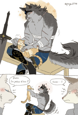 anthro armor bandage black_nose blush blush_lines brown_body brown_fur dialogue facial_scar feral fluffy fluffy_tail fur grey_body grey_fur group jealous kemono knight knight_armor looking_at_another male male/male medieval medieval_armor melee_weapon military no_pupils pointy_ears scar soldier sword tail tan_body tan_fur text warrior weapon white_body white_fur pegu2726 canid canine canis domestic_cat felid feline felis mammal wolf 2026 absurd_res comic english_text hi_res