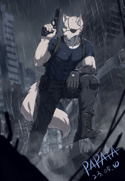 anthro blue_clothing blue_shirt blue_t-shirt blue_topwear blurred_background bottomwear cheek_tuft clothed clothing eye_patch eyewear facial_tuft front_view fur grey_bottomwear grey_clothing grey_pants gun handgun head_tuft holding_gun holding_handgun holding_object holding_ranged_weapon holding_weapon light_body light_fur male mouth_closed muscular muscular_anthro muscular_male pants raining ranged_weapon shirt solo standing t-shirt tan_body tan_eyes tan_fur topwear tuft weapon papayafurry 2023 dated hi_res signature