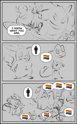 accusation after_transformation ambiguous_gender cobblestone crossed_arms dialogue duo feral forehead_gem fur gem gesture group hand_gesture iconography lgbt_pride open_mouth outside plant pointing pride_colors rainbow_flag rainbow_pride_flag rainbow_symbol scared speech_bubble text thought_bubble pmdalliance i_know_what_you_are nintendo pokemon pokemon_mystery_dungeon spike_chunsoft purple_kecleon_(character) ambiguous_species bellsprout caterpie chameleon elemental_creature flora_fauna generation_1_pokemon generation_3_pokemon gengar ghost kecleon lizard mammal persian_(pokemon) pikachu pokemon_(species) reptile rodent scalie spirit treecko comic english_text hi_res monochrome