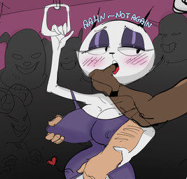 2_horns 4_fingers anthro anthro_on_anthro arm_grab arm_hair arms_bent bent_arm big_breasts big_eyes big_nipples biped black_choker black_ears black_eyebrows black_eyes black_jewelry black_necklace black_nose black_whiskers blue_text blush blush_lines body_hair breast_grab breasts brown_body choker cleavage clothed clothed_anthro clothed_female clothing collarbone curved_horn dialogue dominant dominant_anthro dominant_male dress empty_eyes erect_nipples eyebrows eyelashes eyeless eyeshadow facial_hair female finger_in_mouth fingering fingering_partner fingers floppy_ears freckled_face freckles fur glistening glistening_eyelids goatee grin grope group group_sex half-closed_eyes hand_on_another's_arm hand_on_another's_breast hand_on_arm hand_on_breast heart_symbol heavy_blush holding_arm horn huge_breasts huge_hips humanoid_hands inside interspecies jewelry light_body light_fur long_eyelashes looking_aside looking_at_another looking_at_partner looking_pleasured makeup male male/female markings masturbation mature_anthro mature_female moan mole_(marking) mole_on_breast mouth_play narrowed_eyes necklace nipple_outline nipples off_shoulder open_mouth pink_blush pointy_ears prick_ears public public_masturbation public_transportation purple_clothing purple_dress purple_eyeshadow questionable_consent red_heart red_tongue sex sexual_assault skimpy skimpy_dress smile smiling_at_another smiling_at_partner standing submissive submissive_anthro submissive_female talking_to_self teeth text thin_eyebrows three-quarter_view tongue tongue_out translucent translucent_arms translucent_body vaginal vaginal_fingering whiskers white_body white_fur white_sclera wide_hipped_anthro wide_hipped_female wide_hips dbaru third-party_edit the_complex_adventures_of_eddie_puss background_character mother_puss bovid caprine domestic_cat domestic_pig felid feline felis goat mammal suid suine sus_(pig) 2020 color_edit colored digital_drawing_(artwork) digital_media_(artwork) english_text hi_res