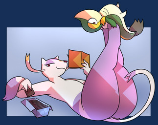 ambiguous_gender anthro biped butt candy chocolate dessert duo fingers food green_body looking_at_viewer lying multicolored_body on_back purple_body simple_background smile tail tan_body white_body yellow_body potoobrigham nintendo pokemon generation_5_pokemon mienshao pokemon_(species) snivy alpha_channel hi_res