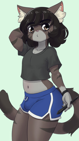 anthro black_body black_clothing black_fur black_hair black_shirt black_stripes black_topwear black_wristwatch blue_bottomwear blue_clothing blue_shorts bottomwear brown_body brown_eyes brown_fur bulge clothing crop_top femboy fur gloves_(marking) grey_body grey_fur hair hand_on_head inner_ear_fluff looking_away male markings midriff mole_(marking) pink_inner_ear pink_nose pupils shirt shorts solo standing striped_body striped_fur stripes stylus thick_thighs tight_clothing topwear tuft white_bottomwear white_clothing white_inner_ear_fluff white_shorts wide_hips mr-shin cat_sona_(mr-shin) domestic_cat felid feline felis mammal 2025 hi_res