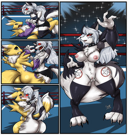 3_fingers 3_toes angry anthro anus arm_spikes big_breasts black_sclera blue_eyes blush bodily_fluids border bottomwear breasts butt claws clothed clothing collar crop_top crowd crowd_watching digitigrade dipstick_ears dipstick_tail duo ear_markings entwined_tails eyelashes facial_markings feet female female/female fight fighting_ring finger_claws fingerless_gloves fingers fluffy fluffy_chest fluffy_tail forced forced_transformation frown fur fused_mouth fusion genitals gloves grappling grey_body grey_fur group growling hair hair_over_eye hand_holding handwear head_markings hug kissing leg_markings leggings legwear long_ears long_hair long_tail looking_at_viewer markings merge_transformation merging multicolored_body multicolored_ears multicolored_fur navel nipples nude nude_anthro nude_female occult_symbol open_frown open_mouth open_smile pentagram pentagram_markings pink_nipples purple_clothing purple_gloves purple_handwear red_eyes scared sharp_teeth shirt shocked shoulder_spikes skimpy skirt smile spiked_collar spikes spikes_(anatomy) surprised symbol tail tail_coil tail_markings tears teeth thick_thighs thigh_markings toe_claws toes topwear torn_bottomwear torn_clothing torn_skirt transformation transformation_sequence two_tone_body two_tone_fur vulva white_body white_border white_fur white_hair wrestling yellow_body yellow_fur toki_cat bandai_namco digimon hellaverse helluva_boss mythology loona_(helluva_boss) canid canid_demon canine demon digimon_(species) hellhound hybrid mammal mythological_canine mythological_creature renamon absurd_res comic crossover english_description hi_res story story_in_description