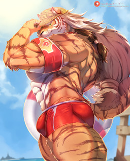 abs anthro armband beach biceps biped black_nose bulge clothing day detailed_background eyebrows fur green_eyes hair hat headgear headwear humanoid_hands inflatable inner_ear_fluff lifeguard long_hair male markings multicolored_body multicolored_fur muscular muscular_anthro muscular_male muscular_thighs nipples orange_body orange_fur orange_tail outside patreon_logo pecs pool_float red_clothing red_swimming_trunks red_swimwear seaside solo striped_body striped_fur striped_markings striped_tail stripes swimming_trunks swimwear tail tail_markings text thick_eyebrows tied_hair tuft two_tone_body two_tone_fur white_body white_eyebrows white_fur white_hair booboo34 patreon sdorica pang_(sdorica) felid mammal pantherine tiger absurd_res hi_res url