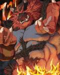 5_fingers angry anthro detailed_fur fangs fingers fire fur male muscular muscular_anthro muscular_male nude realistic sharp_teeth snout solo teeth masabowser nintendo pokemon felid generation_7_pokemon incineroar mammal pokemon_(species) detailed warm_colors