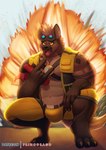 abs anthro biceps bulge detailed_bulge explosion male muscular muscular_anthro muscular_male pecs solo tongue tongue_out primodrago anothereidos_of_dragon_vein_r nitro_(anothereidos_r) hyena mammal hi_res