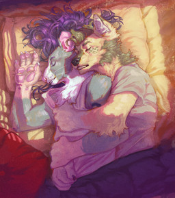 anthro bed bedding bedding_background bedroom blanket blue_hair clothing cozy cuddling dramatic_lighting duo freckled_face freckles fur furniture grey_body grey_clothing grey_fur grey_shirt grey_topwear hair hug love male male/male pawpads shirt sleeping tan_body tan_fur text tired topwear white_clothing white_shirt white_topwear eyrich dakota_asbury canid canine canis coyote mammal murid murine rat rodent absurd_res english_text hi_res