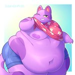 anthro back_rolls belly belly_overhang belly_rolls big_belly big_moobs blush blush_lines bodily_fluids bottomwear chubby_cheeks clothed clothing clothing_lift deep_navel fat_rolls huge_belly huge_thighs love_handles male moobs navel nipples obese obese_male overweight overweight_male purple_body shirt shirt_lift shorts solo stretch_marks sweat tail thick_thighs topwear yellow_sclera robirobi animal_crossing nintendo bob_(animal_crossing) domestic_cat felid feline felis mammal 1:1 hi_res