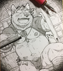 anthro asian_clothing belly blush bodily_fluids bottomless clothed clothing door east_asian_clothing food fundoshi headgear headwear holding_object japanese_clothing kemono male moobs navel neckwear nipples obese obese_anthro obese_male overweight overweight_anthro overweight_male pubes restaurant serving serving_food sliding_door small_eyes solo spread_legs spreading sweat text underwear waiter wanaguma whinge canid canine canis domestic_dog mammal shiba_inu spitz hi_res sketch traditional_media_(artwork)