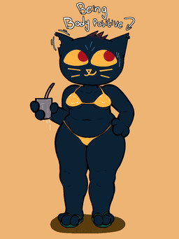 3_toes anthro belly beverage bikini bodily_fluids body_positivity breasts clothed clothing directional_arrow feet female footwear hand_on_hip holding_beverage holding_object looking_away navel nervous notched_ear orange_background sandals shoes simple_background slightly_chubby slightly_chubby_anthro slightly_chubby_female solo standing sweat swimwear text thick_thighs toes two-piece_swimsuit under_boob wide_hips yellow_bikini yellow_clothing yellow_swimwear lazier_boi night_in_the_woods mae_borowski domestic_cat felid feline felis mammal 2025 3:4 digital_media_(artwork) english_text full-length_portrait hi_res portrait