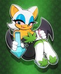 anthro bong boots clothing drugs female footwear holding_bong holding_lighter holding_object knee_boots knee_highs legwear lighter marijuana pattern_background pot_leaf shoes simple_background sitting solo stoned substance_intoxication white_boots white_clothing white_footwear moozua sega sonic_the_hedgehog_(series) rouge_the_bat bat mammal hi_res