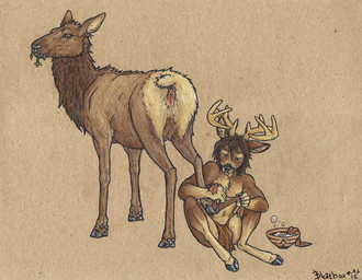 animal_genitalia animal_vulva anthro antlers anus bottomwear cervine_genitalia cervine_vulva clothing duo eating female feral genitals hooves horn loincloth looking_back male teats vulva lucky-pony cervine deer elk mammal new_world_deer white-tailed_deer 2015