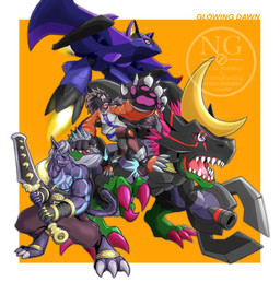 aircraft anthro armor biceps bottomwear claws clothing cybernetics female greatsword group headgear helmet machine male melee_weapon muscular muscular_anthro muscular_male pecs sharp_teeth shorts sword teeth vehicle weapon vgz083 bandai_namco digimon digimon_beatbreak bearcatmon cyborg digimon_(species) humanoid living_aircraft living_machine living_vehicle monarchlizamon murasamemon scourgechiropmon hi_res