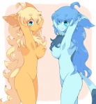 abstract_background anthro big_breasts biped blonde_hair blue_eyes blue_hair blush breasts eeveelution female flareon generation_1_pokemon generation_4_pokemon glaceon hair hi_res kosyo long_hair nintendo nude pokemon pokemon_(species) pokemorph pose raised_arm simple_background solo standing tail