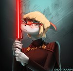 anthro clothing eyewear female glasses green_blue_eyes lightsaber looking_at_viewer melee_weapon orange_body red_lightsaber simple_background sith_lord solo standing weapon white_body conditional_dnp shido-tara goodbye_volcano_high star_wars naomi_(gvh) dinosaur hadrosaurid ornithischian ornithopod parasaurolophus prehistoric_species reptile scalie crossover hi_res