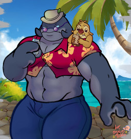 abs aloha_shirt anthro beach biceps big_butt bulge butt clothed clothing cloud crop_top day duo eyewear headgear headwear male muscular muscular_humanoid muscular_male nature nature_background pattern_clothing pattern_shirt pattern_topwear pecs shirt sitting size_difference sky sunglasses thick_arms topwear sucio_pelon disney lilo_and_stitch gantu reuben_(lilo_and_stitch) alien alien_humanoid animal_humanoid aquatic aquatic_humanoid cetacean cetacean_humanoid experiment_(lilo_and_stitch) humanoid mammal whale_humanoid hi_res