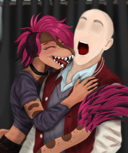 anthro bald blush brown_body choker clothed clothed_anthro clothed_female clothed_human clothed_male clothing crop_top duo eyebrows eyes_closed feathered_tail feathers female fingers freckled_arms freckled_tail freckles hair hand_on_chest human_on_anthro humanoid_hands interspecies jacket jewelry male male/female markings medium_hair necklace open_mouth photo_booth pink_body pink_feathers pink_hair raised_eyebrows romantic romantic_couple sharp_teeth shirt spots spotted_markings surprised tail teeth topwear ryangoslinghorny devlog:_a_post-modern_college_experience dev_(devlog) rebecca_(devlog) dinosaur dromaeosaurid human mammal microraptor prehistoric_species reptile saurischian scalie theropod 5:6 colored hi_res shaded