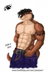 abs anthro armband athletic belt biceps big_muscles biped black_hair black_nose bottomwear boxers_(clothing) brown_body brown_fur clothed clothing denim denim_bottomwear denim_clothing footprint fur hair hand_on_hip jeans looking_at_viewer male muscular muscular_anthro muscular_male nipples orange_eyes pants pawprint pecs pose sagging simple_background solo spiky_hair standing tan_body tan_fur tattoo text topless underwear white_background joeshore joe_boxer josho_d_otter mammal mustelid otter 2:3 url