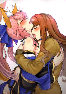 animal_ears asian_clothing bare_shoulders big_breasts blue_clothing blue_kimono breast_squish breasts brown_clothing brown_coat brown_hair brown_topwear clothing coat colored_nails east_asian_clothing eyes_closed fangs female fluffy_ears hair hair_between_eyes hug japanese_clothing kimono licking nails neck_lick open_mouth pigtails pink_hair pink_nails ribbons shaking shivering simple_background snorting squish tail teeth tongue topwear white_background wisespeak fate_(series) type-moon caster_tamamo-no-mae hakuno_kishinami animal_humanoid canid canid_humanoid canine canine_humanoid fox_humanoid human humanoid mammal mammal_humanoid hi_res