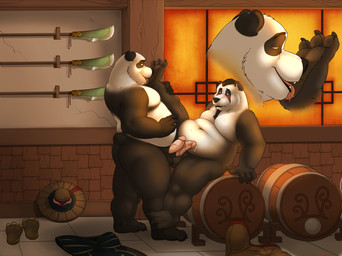 anthro balls barrel blush bodily_fluids clothing cum cum_on_belly cum_on_body cutaway duo erection facial_hair feet foot_fetish foot_lick foot_play footwear frottage genital_fluids genitals glans goatee hat headgear headwear humanoid_genitalia humanoid_penis licking male male/male male_anthro nude nude_anthro nude_male overweight overweight_anthro overweight_male penile penis penises_touching precum raised_leg sandals sex shoes tail tongue kronexfire blizzard_entertainment warcraft lao_chin taran_zhu bear mammal pandaren 2015
