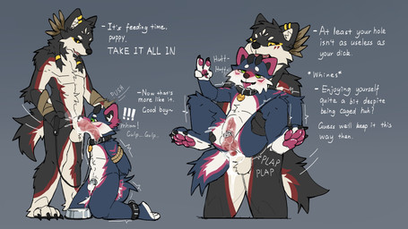 anal_orgasm anthro anthro_on_anthro bdsm big_penis black_body black_fur blue_body blue_fur bodily_fluids bowl chastity_cage chastity_device collar collar_tag container cum cum_in_ass cum_in_bowl cum_in_container cum_in_mouth cum_inside cum_while_chaste deep_throat dominant dominant_anthro dominant_male duo ejaculation erection fellatio flat_chastity_cage fucked_silly fur genital_fluids genitals gesture hand_gesture hands-free internal internal_anal knot knotted_penis knotting leash leashed_collar looking_pleasured male male/male male_anthro markings metal_chastity_cage muscular muscular_anthro muscular_male nude_anthro nude_male oral oral_knotting oral_orgasm oral_penetration orgasm penetration penile penis pet_bowl petplay purple_body purple_fur red_markings roleplay sex sex_slave slave standing standing_sex submissive submissive_anthro submissive_male text text_on_collar_tag tongue tongue_out v_sign wearing_collar white_body white_fur beckowaffle canid canine canis mammal wolf 16:9 2026 4k absurd_res digital_drawing_(artwork) digital_media_(artwork) english_text hi_res widescreen