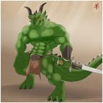 3_toes 5_fingers abs anthro armor athletic barefoot belt biceps big_muscles biped border bottomwear broadsword bulge claws clothed clothing digitigrade feet fingers green_body green_skin horn huge_muscles loincloth looking_at_viewer male melee_weapon muscular muscular_anthro muscular_male pecs pose pupils red_eyes scales slit_pupils smile solo standing sword tail tail_muscles toe_claws toes topless weapon white_border aaron_(artist) mythology varanis_blackclaw dragon lizard mythological_creature mythological_scalie reptile scalie 1:1 2014 digital_media_(artwork) hi_res