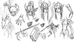 2_horns 4_arms 5_fingers black_sclera book breasts claws curled_horn curved_horn fangs featureless_breasts female female_humanoid finger_claws fingers fur furrowed_brow furrowed_eyebrows hair half-closed_eyes horn long_hair looking_at_viewer melee_weapon multi_arm multi_limb narrowed_eyes navel ponytail simple_background small_breasts smile smiling_at_viewer solo standing sword tail teeth toothy_grin weapon white_background gorka_fujimoto_holgado yx_(gorka_fujimoto_holgado) demon demon_humanoid horned_humanoid humanoid 16:9 2023 digital_media_(artwork) guide_lines hi_res monochrome sketch_page widescreen