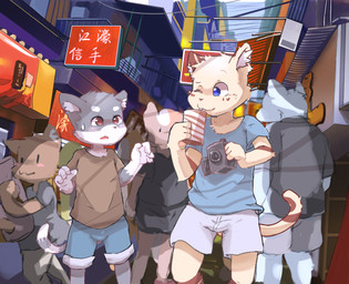 4_fingers anthro arm_tuft blue_bottomwear blue_clothing blue_eyes blue_shirt blue_shorts blue_topwear blush bodily_fluids bottomwear brown_body brown_clothing brown_fur brown_shirt brown_stripes brown_topwear camera chest_tuft city city_background clothed clothing container cup drinking elbow_tuft eyebrows facial_tuft fingers freckles fully_clothed fur glistening glistening_eyes gloves_(marking) grey_body grey_bottomwear grey_clothing grey_fur grey_shorts group holding_object inner_ear_fluff kemono looking_at_another male male_anthro markings multicolored_body multicolored_fur one_eye_closed open_mouth outside red_eyes shirt shorts smile smiling_at_another standing striped_markings striped_tail stripes sweat sweatdrop t-shirt tail tail_markings tan_body tan_fur text topwear tuft two_tone_body two_tone_fur white_body white_eyebrows white_fur young young_anthro young_male nekowuwu nobu_(nobusuke) canid felid mammal 2017 japanese_text