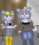 anthro breasts brown_eyes buckteeth cleavage clothed clothing coveralls crown duo female headgear red_eyes teeth tools wrench nailstrabbit towergirls mouse_princess mammal mouse murid murine rodent hi_res sibling_(lore) sister_(lore) sisters_(lore)