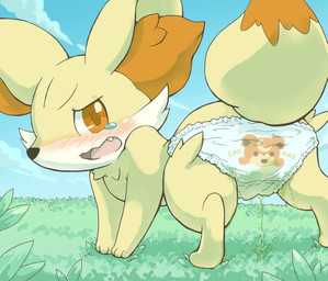 ambiguous_gender blush bodily_fluids butt clothed clothed_feral clothing diaper embarrassed feral fur genital_fluids looking_at_viewer multicolored_body multicolored_fur omorashi orange_body orange_fur panties peeing presenting presenting_hindquarters solo tan_body tan_fur tears two_tone_body two_tone_fur underwear urine wet wet_clothing wetting wadorigi nintendo pokemon canid canine fennekin generation_6_pokemon mammal pokemon_(species) 2015 hi_res