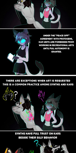 anthro bodypaint clothed clothing comic_panel drawing_on_body drawing_pen drawing_tablet ear_piercing ear_ring female laugh laughing_at_another male paint partially_clothed piercing ring_piercing size_difference smaller_female tattoo text kuwsh african_wild_dog canid canine felid feline mammal synth_(vader-san) 2025 absurd_res animated animated_comic comic english_text hi_res no_sound short_playtime video