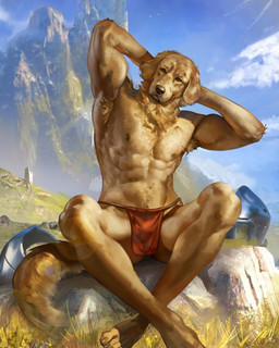 abs anthro armor armpit_hair arms_above_head athletic athletic_anthro athletic_male body_hair bottomwear bulge clothed clothing detailed_background feet floppy_ears fluffy fluffy_tail fur hands_behind_head knight loincloth loincloth_only male mountain neck_tuft nipples outside pecs red_bottomwear red_clothing red_loincloth solo tail topless tuft underwear underwear_only warrior yellow_body yellow_fur ulvin_art bird_dog canid canine canis domestic_dog golden_retriever hunting_dog mammal retriever 2025 hi_res