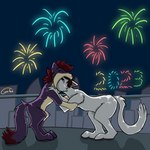 anthro anthro_pred anthro_prey biped blue_eyes countershading duo fireworks head_in_mouth male male_pred male_prey markings oral_vore partially_inside paws purple_body red_markings same_size_vore tan_body vore willing_prey gyrotech blitzstoat_(gyro) tybalt_(tastytales) domestic_cat felid feline felis mammal mustelid musteline stoat true_musteline weasel 1:1 absurd_res hi_res