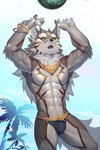 2:3 5_fingers abs absurd_res anthro beach bracelet briefs bulge canid canine canis claws clothing countershading fingers food fruit green_eyes hair hi_res jackal jewelry lifewonders long_hair male mammal mane mane_hair melon muscular muscular_anthro muscular_male navel open_mouth palm_tree pecs plant seaside seth_(tas) solo speedo sport standing swimwear tokyo_afterschool_summoners tree ty_arashi underwear volleyball watermelon