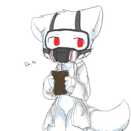 ambiguous_gender anthro board cloth fur mask red_eyes solo tail white_body white_fur white_tail young young_anthro chano changed_(video_game) dr._k_(changed) canid canine canis mammal wolf 1:1 2018 digital_media_(artwork)