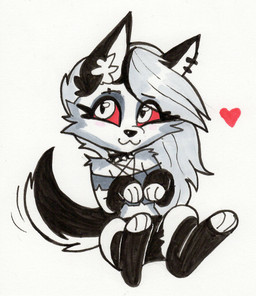 alternative_fashion anthro arm_tuft bottomwear chibi clothing collar crop_top ear_piercing ear_ring eyebrow_piercing eyebrow_ring facial_piercing female fingerless_gloves fur gloves goth hair handwear heart_symbol inner_ear_fluff long_hair looking_at_viewer motion_lines piercing red_sclera ring_piercing shirt shorts shoulder_tuft sitting solo spiked_collar spikes tail tail_motion tailwag toeless_legwear topwear tuft dandy_(artist) hellaverse helluva_boss mythology loona_(helluva_boss) canid canid_demon canine demon hellhound mammal mythological_canine mythological_creature 2023 hi_res marker_(artwork) mixed_media pen_(artwork) traditional_media_(artwork)