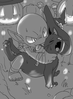 ambiguous_gender blush clothing duo eyes_closed feral food fruit hat headgear headwear male male/ambiguous open_mouth plant pumpkin manmosu_marimo domestic_cat felid feline felis mammal 2015 digital_drawing_(artwork) digital_media_(artwork) monochrome