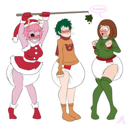 abdl big_breasts big_diaper biped black_sclera bottomwear breasts brown_eyes brown_hair christmas_clothing christmas_headwear clothed clothing diaper diaper_fetish embarrassed female footwear green_eyes green_hair group hair hat headgear headwear holidays horn humiliation legwear looking_at_viewer male mistletoe not_furry one_eye_closed open_mouth pink_body pink_hair plant pole santa_hat smile speech_bubble standing stockings string sweater teasing text topwear trio wearing_diaper wink yellow_eyes liljdude christmas my_hero_academia ashido_mina izuku_midoriya ochaco_uraraka human humanoid mammal absurd_res digital_media_(artwork) hi_res